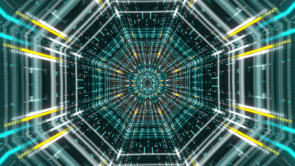 Aufkleber - Moving forward inside fluorescent neon glowing light lines. Animation. Beautiful futuristic abstraction of sci-fi endless tunnel on the black background.