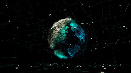 Poster - 3D planet in cyberspace of dots. Animation. Conceptual network data cyberspace with sphere, lines, dots and numbers background