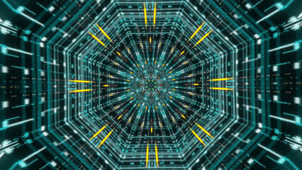 Aufkleber - Moving forward inside fluorescent neon glowing light lines. Animation. Beautiful futuristic abstraction of sci-fi endless tunnel on the black background.