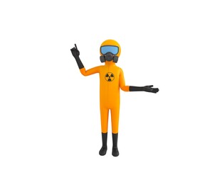 Poster - Man in Yellow Hazmat Suit character giving information in 3d rendering.