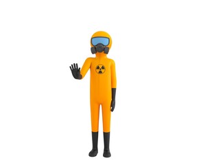 Wall Mural - Man in Yellow Hazmat Suit character puts out his hand and orders to stop in 3d rendering.