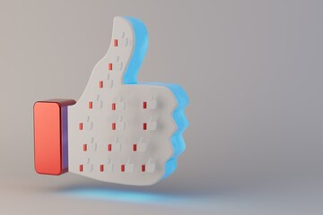 Fototapete - like. give a like. a hand with a finger up on a white background with space for text illuminated by blue neon light on which patterns of small likes. 3d render. 3d illustration