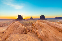 Scenic View To Monument Valley With Butte And Blue Sky