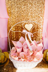 Wall Mural - Rose petals in a basket for a wedding ceremony