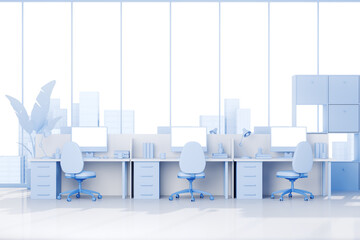 Poster - Cartoon workplace interior with pc computer, panoramic window. Mockup display