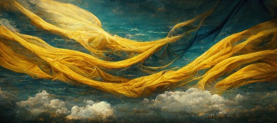 Wall Mural - Vast panoramic fantasy cloudscape in honey gold yellow colors, mesmerizing flowing ocean of surreal fabric folds stylized in renaissance inspired oil paint.