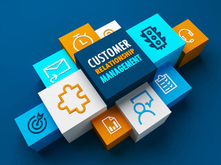 3D render of perspective of CUSTOMER RELATIONSHIP MANAGEMENT business concept with colorful cubes on dark blue background