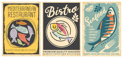 Set of retro advertisements for seafood restaurants and bistros. Vintage poster design with delicious fish plate. Vector illustration.