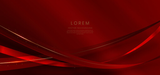 Wall Mural - Abstract 3d gold curved red ribbon on red background with lighting effect and sparkle with copy space for text. Luxury design style.