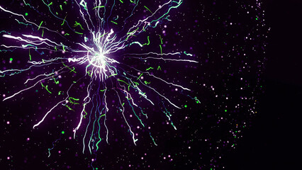 Poster - Concept for power, electricity, science and physics. Animation. Beautiful abstract lightning and bright light in energy ball with zippers on the black background.