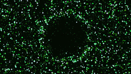 Poster - Colorful dots create circle on black background. Animation. Background of colored dots randomly moving creates circle in center on black backdrop. Festive coloring of points with center for insertion