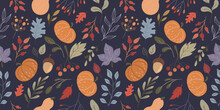Dark Autumn Seamless Pattern With Pumpkins, Plants, Leaves, Acorns