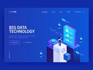 Wall Mural - Big data technology. Information storage and analysis system in isometric vector illustration. Digital technology website landing page template.