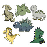 Fototapeta Dinusie - dinosaurs and prehistoric creatures. a collection of the cartoon- and doodle-style vector illustrations. 