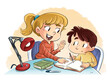 Illustration of a little girl helping another boy with his homework