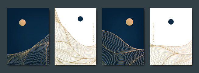 Vector set of abstract art wavy backgrounds, covers, banners in Japanese style. Mountiain, sea, water line scapes with sun, moon. Golden luxury wall art
