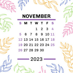 Poster - November. Calendar 2023. Leaves. Vector leaf. Hand drawn repeating elements. Fashion design print. Natural background