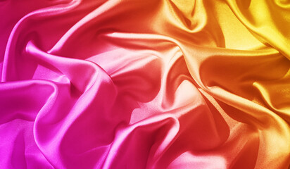 Wall Mural - Colorful silk satin. Purple pink yellow orange abstract background. Gradient. Background with space for design. Soft folds. Wavy. Shiny fabric. Valentine, Mother's Day.
