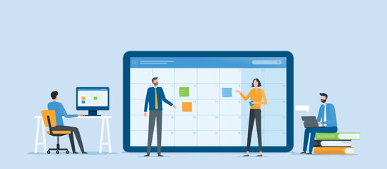Poster - Flat vector illustration design Business online meeting planning concept and Business people team working with digital online calendar