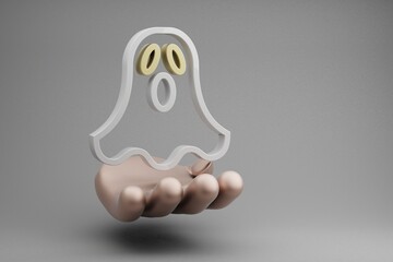 Leinwandbilder - Beautiful abstract illustrations Golden Hand Holding Halloween ghost symbol icon on a gray background. 3d rendering illustration. Background pattern for design. Halloween day.