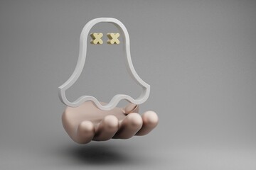 Leinwandbilder - Beautiful abstract illustrations Golden Hand Holding Halloween ghost symbol icon on a gray background. 3d rendering illustration. Background pattern for design. Halloween day.