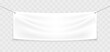 White textile banner on the ropes. Blank realistic stretched banner with folds. Mockup hanging advertising banner. Outdoor poster for promotion, marketing and advertising. Vector illustration.