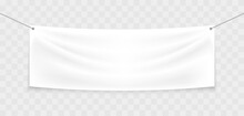 White Textile Banner On The Ropes. Blank Realistic Stretched Banner With Folds. Mockup Hanging Advertising Banner. Outdoor Poster For Promotion, Marketing And Advertising. Vector Illustration.