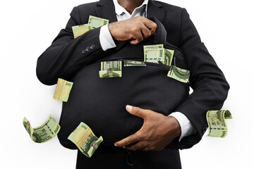 Businessman holding black bag full of 100000 Paraguayan guarani notes isolated on white background, money falling from bag