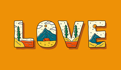 love letter with nature mountain camping design inside for t-shirt, sticker, and other use