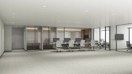 Poster - Build up stop motion animation Working area in modern office with carpet floor and meeting room. with sun daylight and working table. interior 3d rendering