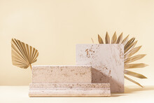Abstract Modern Still Life. Natural Materials. Composition Of Palm Leaves, Travertine And Concrete Blocks.