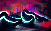 Abstract Neon Panting Of Glowing Waves With A City Background.