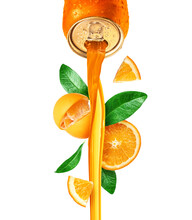 Drink Pours From A Metal Bottle With Sliced Orange And Leaves Isolated On A White Background