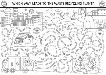Wall Mural - Ecological black and white maze for kids with garbage truck going to waste recycling plant. Earth day preschool line activity. Eco awareness or zero waste labyrinth game or coloring page
