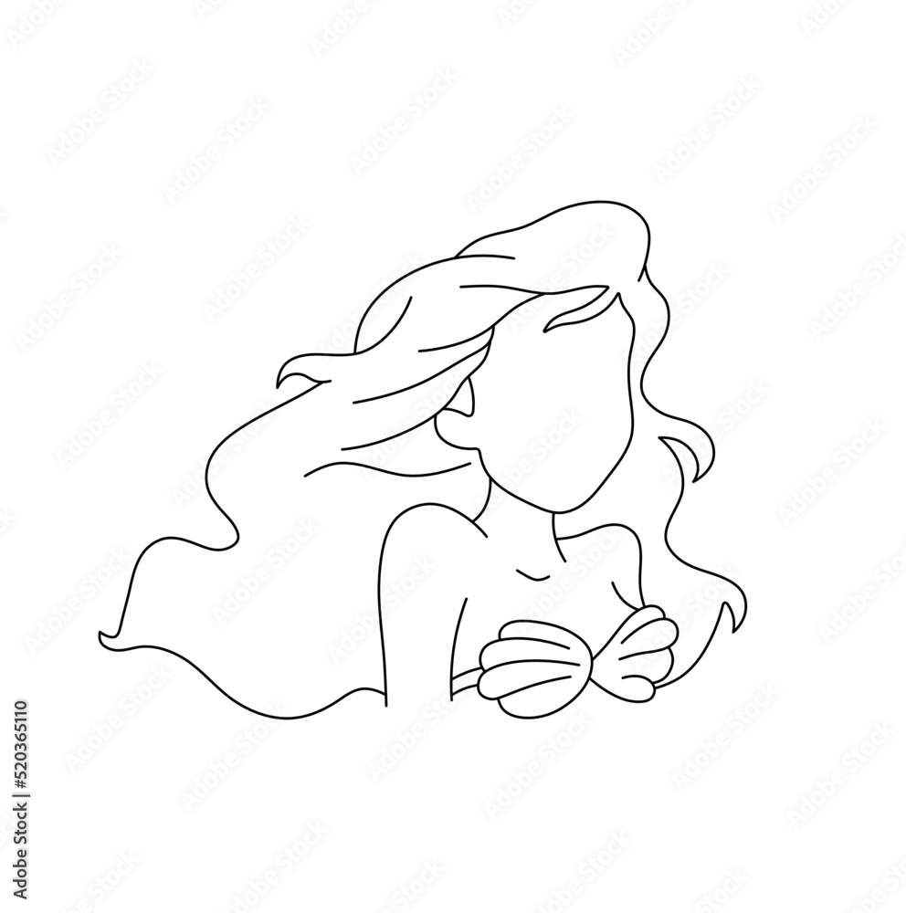 Vector isolated cartoon girl mermaid in shell swimsuit colorless black ...