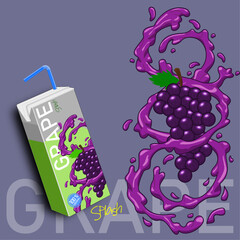 illustration of grapes fruit with splashes and juice packaging