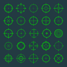 Crosshair, Gun Sight Vector Icons. Bullseye, Green Target Or Aim Symbol. Military Rifle Scope, Shooting Mark Sign. Targeting, Aiming For A Shot. Archery, Hunting And Sports Shooting. Game UI Element.