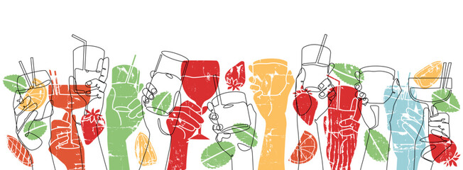 Wall Mural - Background with different cocktail drinks. Horizontal Poster . Vector illustration.
