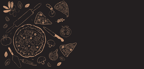 Wall Mural - Background with pizza with utensils and cooking ingredients. Hand drawn collection. Vector illustration. 
