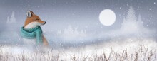 Fox In Scarf Winter Landscape, Fantasy Watercolor Style Banner