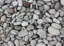 Large Number Of Oval Stones Of Different Shades Of Gray And Sizes On The Ground Without Vegetation