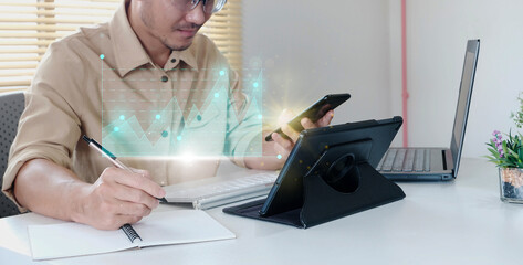 Poster - Businessman analyzing finance sales data and economic growth graph chart and block chain technology, analytics and financial and bank technology concept, chart from computer laptop.
