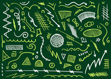 Hand Drawn Geometric Shapes On Green Background, Arrow Signs. Scribble Miscellaneous Shapes
