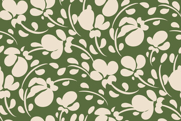 Seamless floral pattern with hand drawn artistic meadow, small decorative plants on a green field. Trendy botanical background, sketchy ditsy print with tiny flowers, leaves, herbs. Vector.