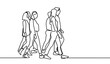 Urban commuters one continuous line drawing minimalism design sketch hand drawn vector illustration. People walking before or after work time on city street.