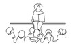 Continuous one line drawing of a teacher welcoming children back to school. education, kindergarten, lesson and concept of a teacher standing in front of students and showing a book.
