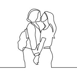 Wall Mural - Continuous Drawing Of Two Lesbians Kissing Each Other. Lesbian girls are kissing. Homosexual couple, love, romantic, kiss. Women. LGBT family. Vector isolated black and white line drawing. LGBTQ+ 