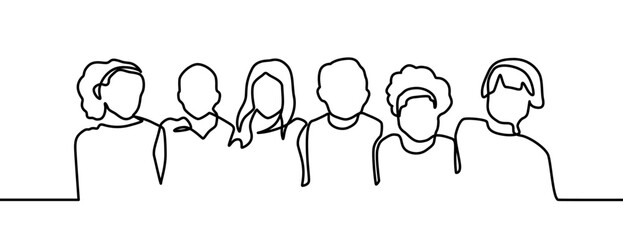 Wall Mural - continuous line drawing of group of school kids friends. Happy children standing together. Back to school concept vector illustration. Kids with backpacks go to school