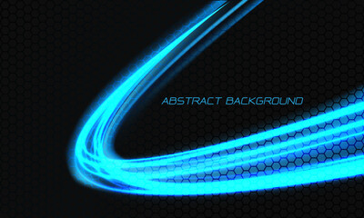 Poster - Abstract blue light curve speed technology on black hexagon mesh design modern futuristic background vector