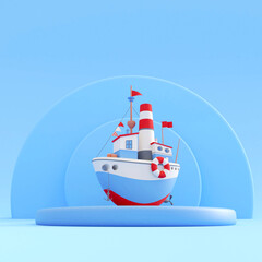 Red blue white Wooden Cartoon Tall Sailing Cruise Ship, Caravel on blue background. 3d Rendering